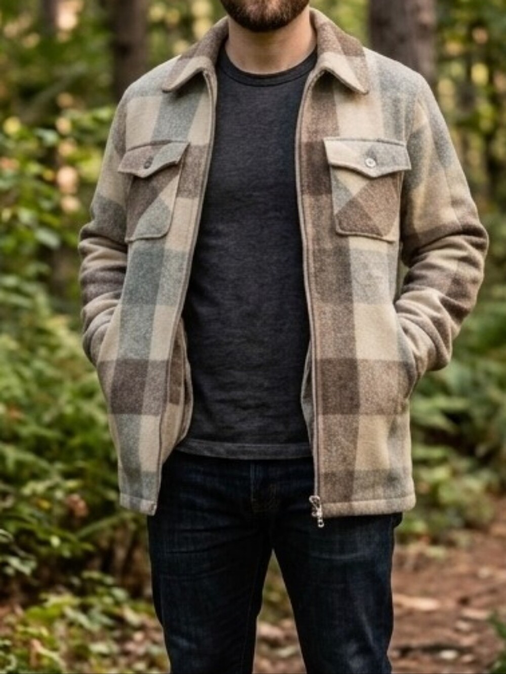 1970s Woolrich Plaid Jacket in Cream, Brown & Tan